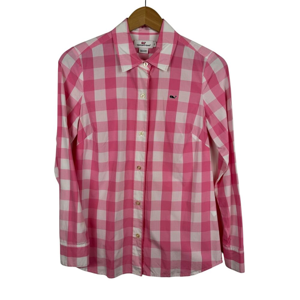 Vineyard Vines Womens Pink Gingham Plaid Button Up Shirt‎ Sz 2 Preppy Layering